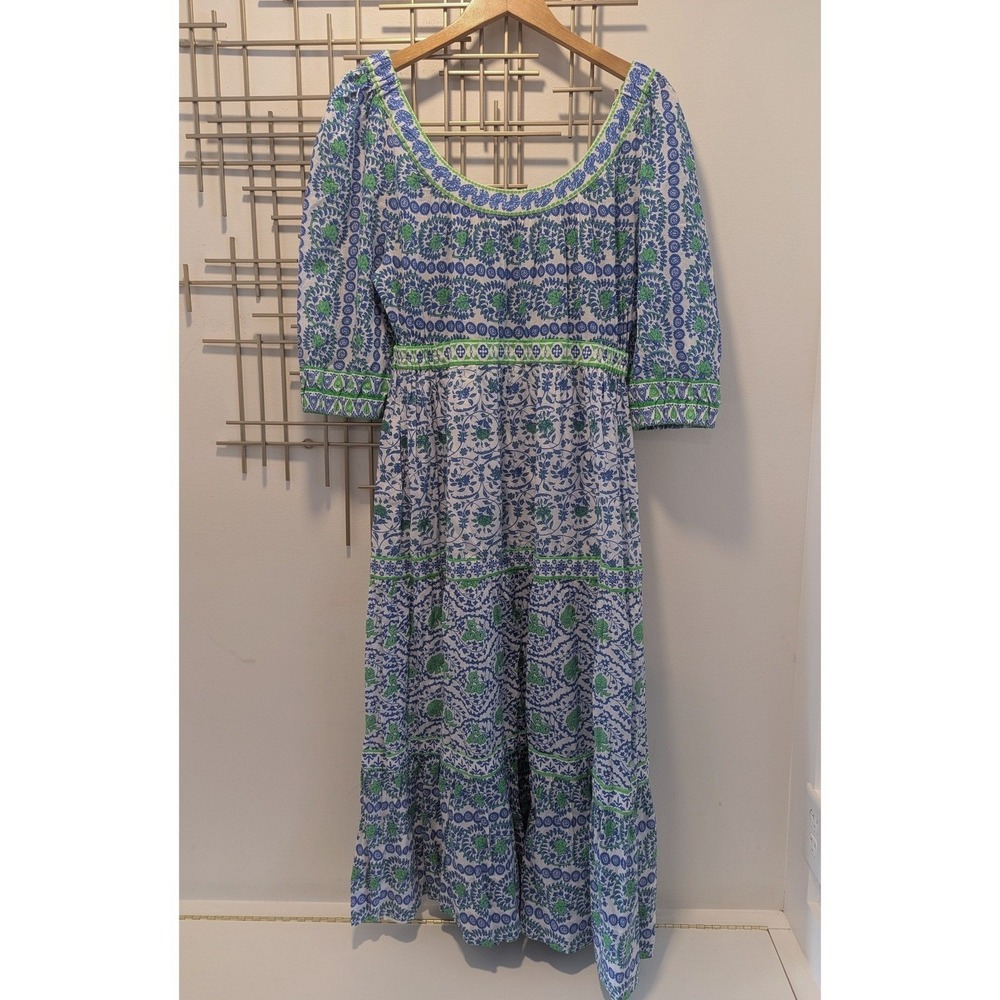 Gretchen Scott Maxi Dress Blue Green Block Print Floral Tiered Sz M Prairie Boho